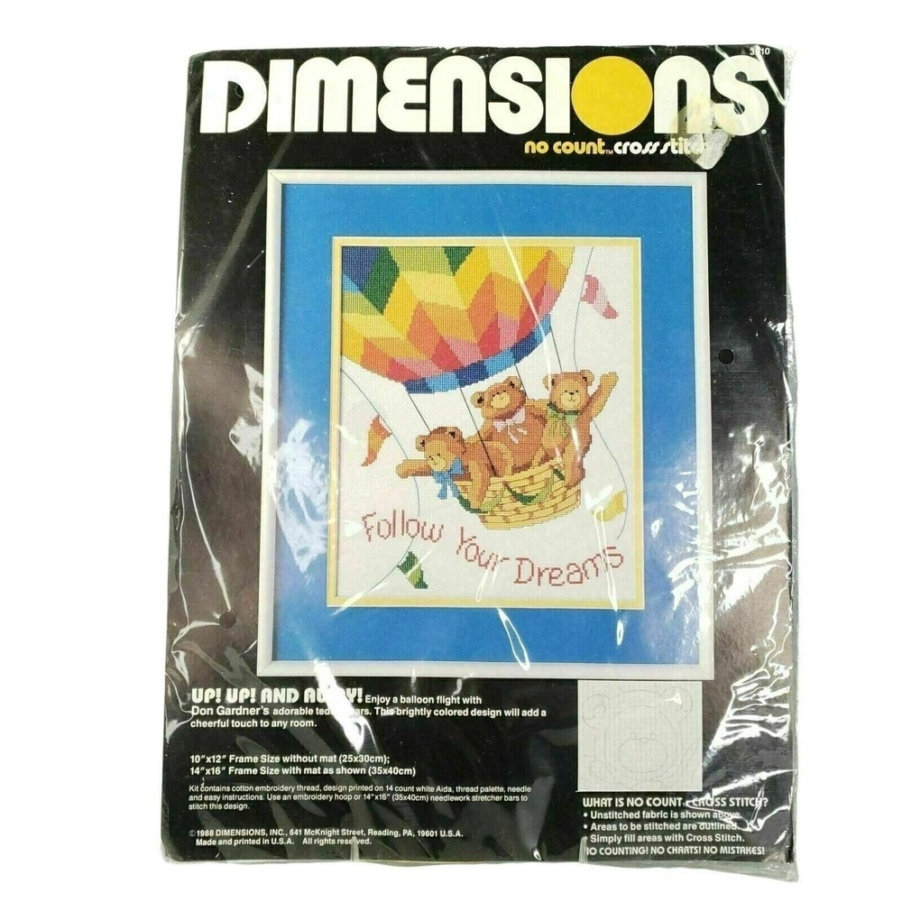 Up Up And Away No Count Cross Stitch Kit Teddy Bears Hot Balloon Dimensions New